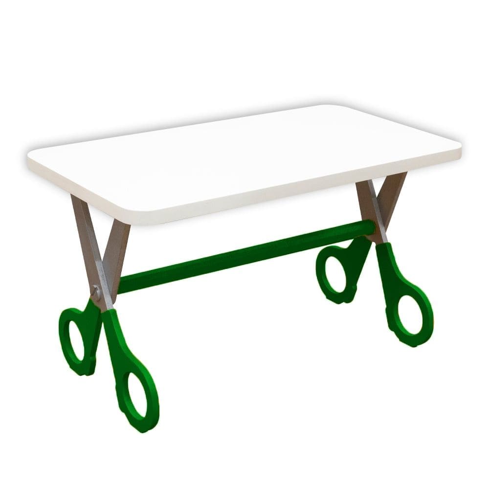 Mesa Infantil Tesoura Verde Tampo Branco Retangular Base Temática para Estudos e Desenhos Mobília Decor