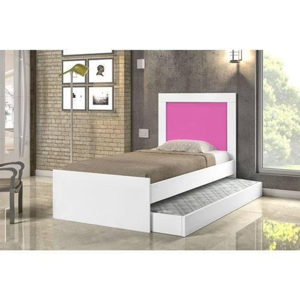 Cama Solteiro Cambel Luara com Auxiliar Branca/Rosa
