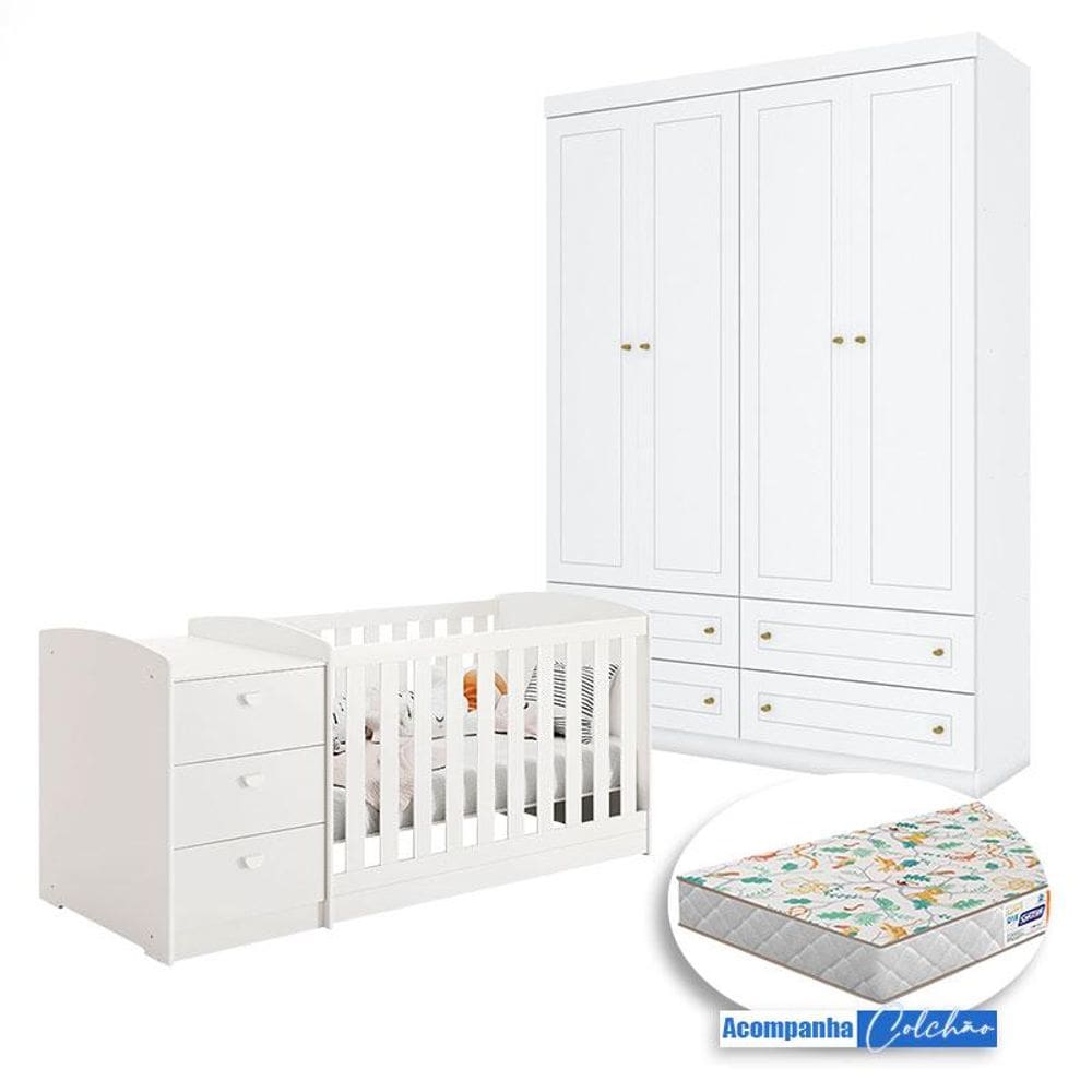 Berço Multifuncional Atlanta e Guarda Roupa Mississipi 4 Portas Henn Branco Fosco com Colchão Gazin - Reller