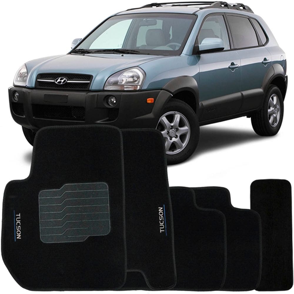 Jogo de Tapete Automotivo Carpete Tucson 2005 à 2016 Soft Logo Bordado Preto 5 Peças