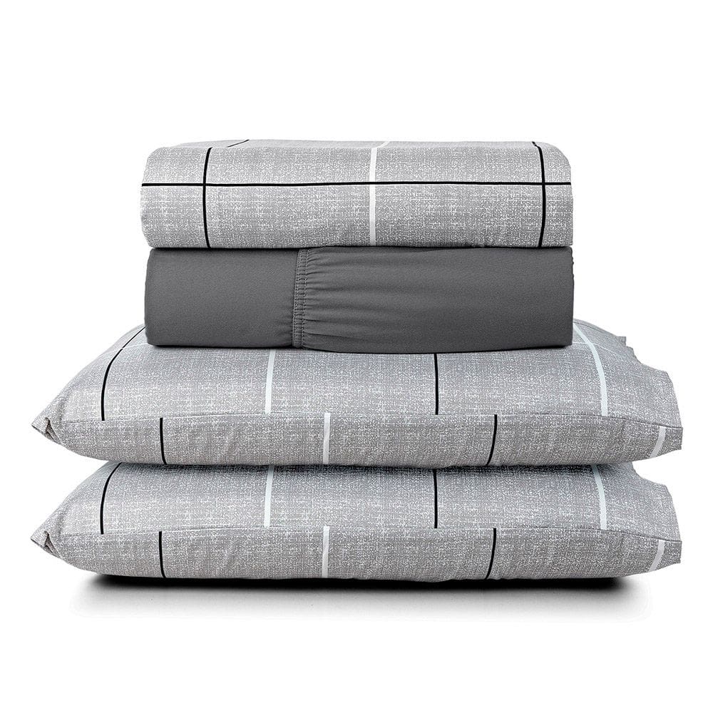 Jogo Cama Lençol Celi Casal Padrão Estampado Micropercal 200 Fios 4 Peças Xadrez Grid Cinza