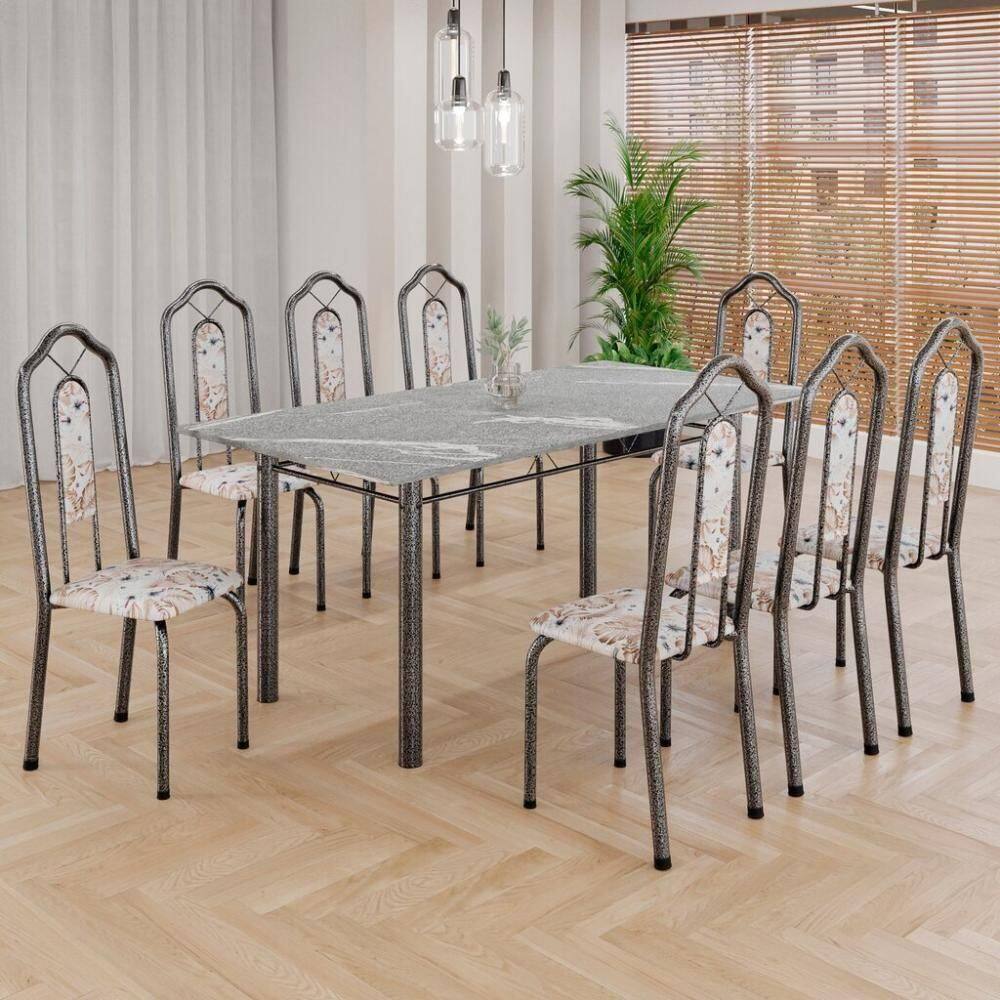 Conjunto De Mesa Tubular 8 Cadeiras 180x75cm Mart Prata Com Tampo Em Granito Topázio Ocre 050 Brenda - Tudo De Móveis Preto Floral