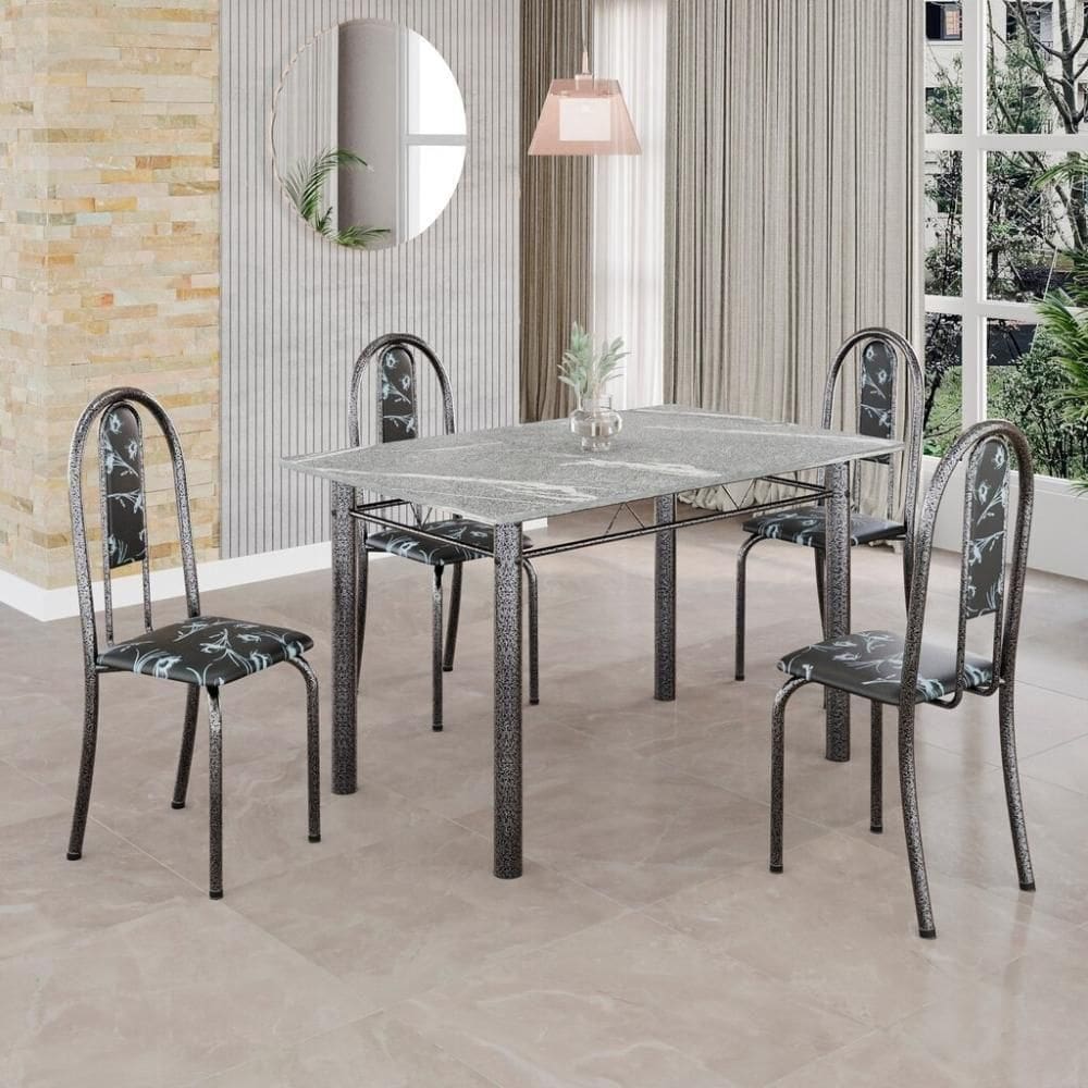 Conjunto De Mesa Tubular 4 Cadeiras 100x60cm Mart Prata Com Tampo Em Granito Topázio Isabel 020 - Tudo De Móveis Arabesco