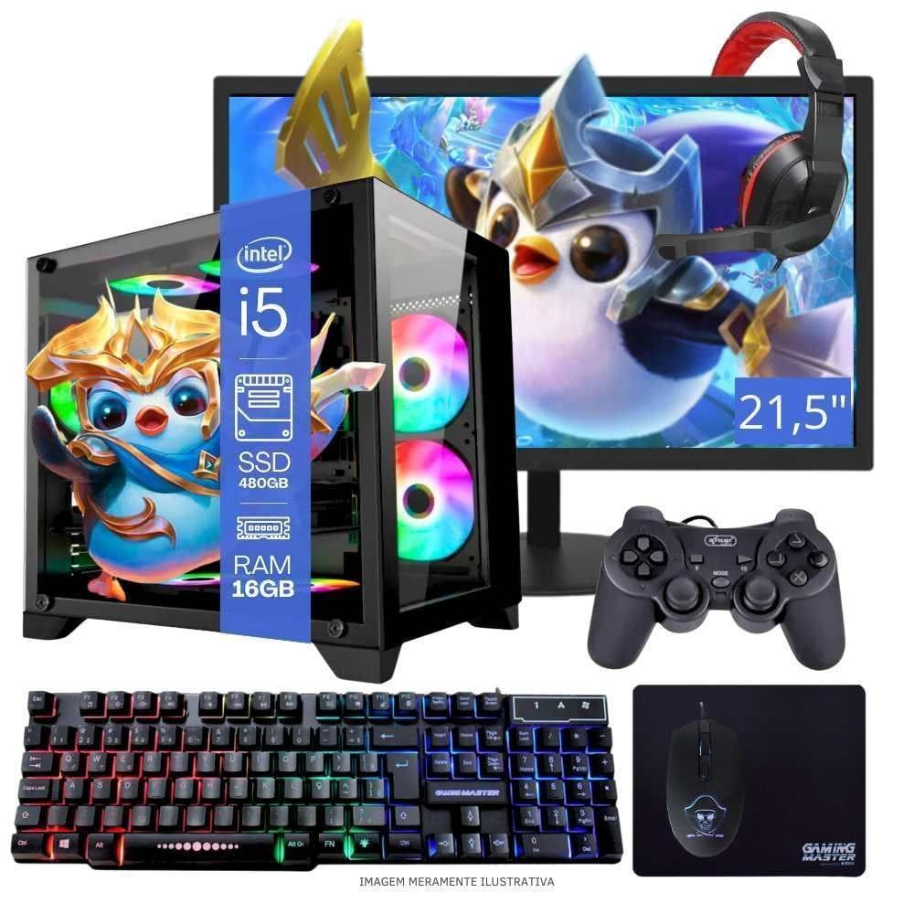 Computador PC Gamer Completo TOB Intel Core i5 SSD 480GB 16GB Windows 10 Pro Trial + Teclado e Mouse + Mouse Pad + Headset +Joystick + Monitor 21.5”