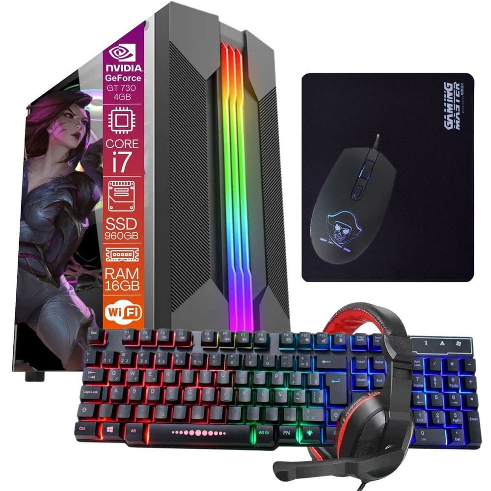 Computador Pc Gamer Completor Tob Intel Core I7 Rede Sem Fio Ssd 960Gb Memória 16Gb Vga Gt730 4Gb Windows 10 Pro Trial + Teclado E Mouse + Mouse Pad +