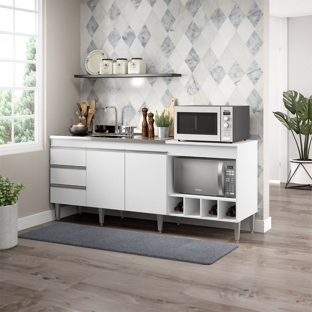 Balcao de Cozinha para Kitnet Completo 182x52Cm 2 Portas 3 Gavetas MDP 2035 Menu Moveis
