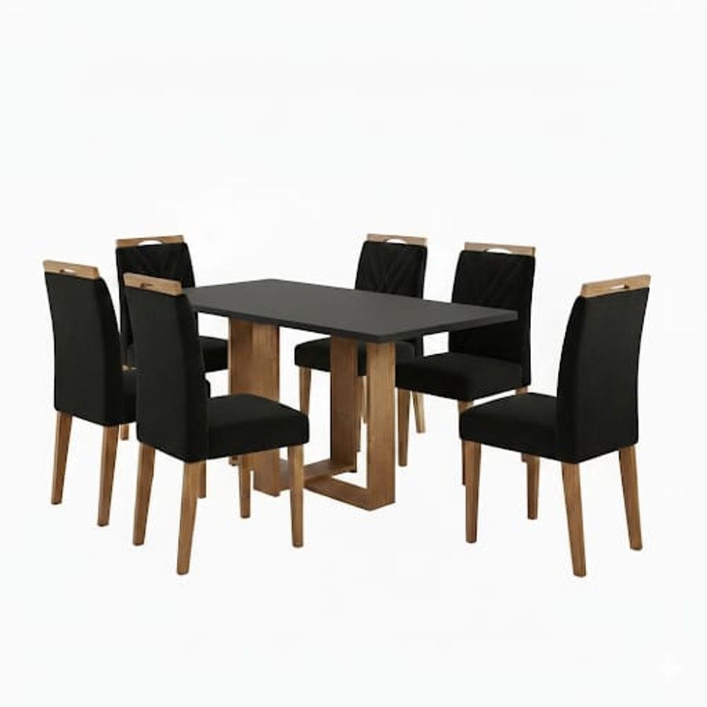 Conjunto de mesa HANA com 6 cadeiras Gol 1,60x80 MADEIRA-CINZA/PRETO