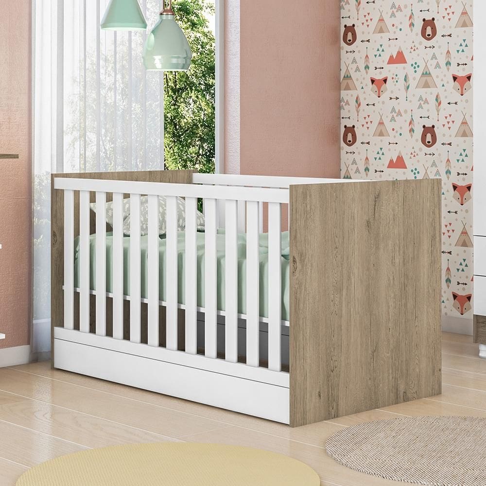 Berço Mini Cama Doce Sonho Grades Laterias Carvalho Rústico/Branco