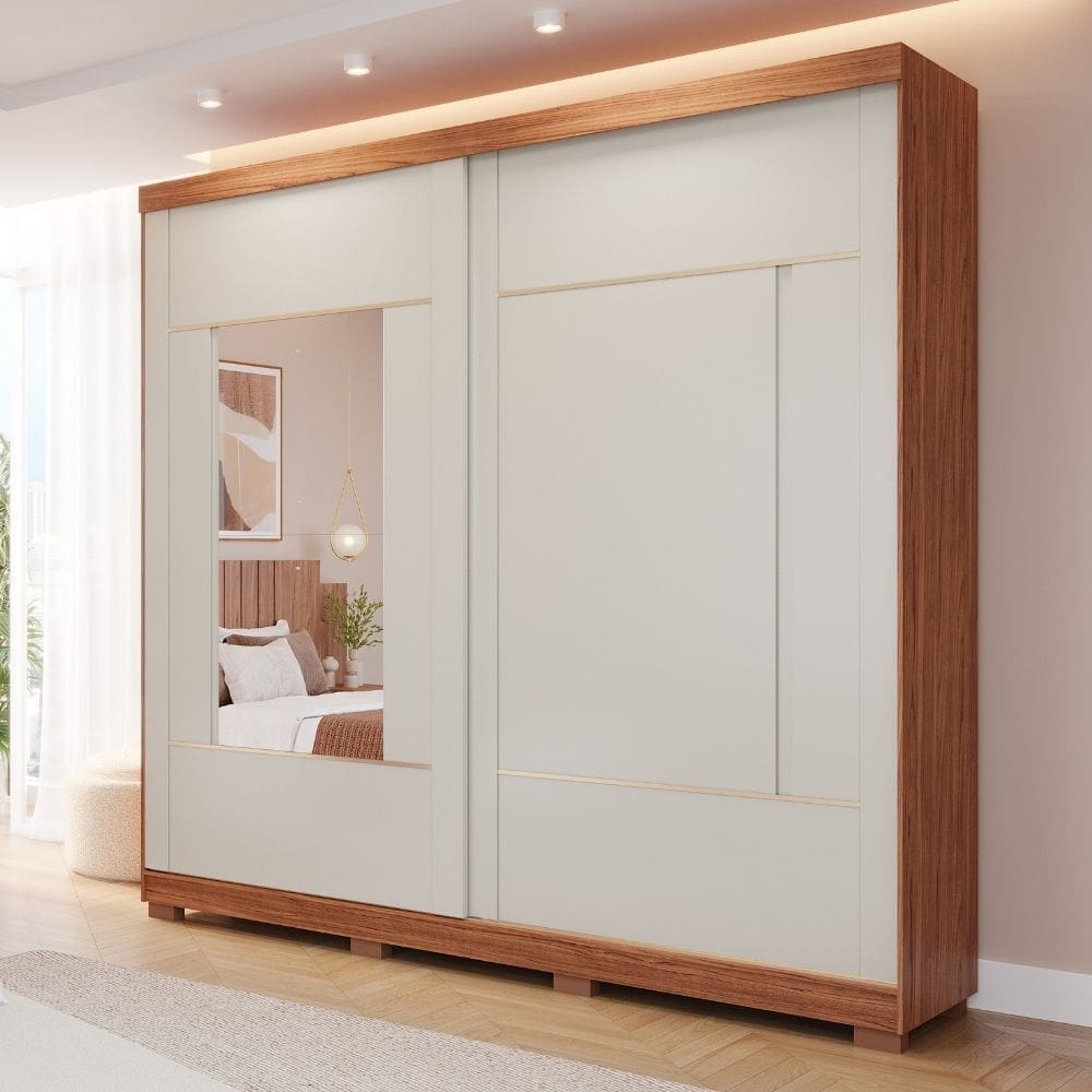 Guarda Roupa Casal com Espelho 2 Portas de Correr e Pes Em MDF Olivia Panan