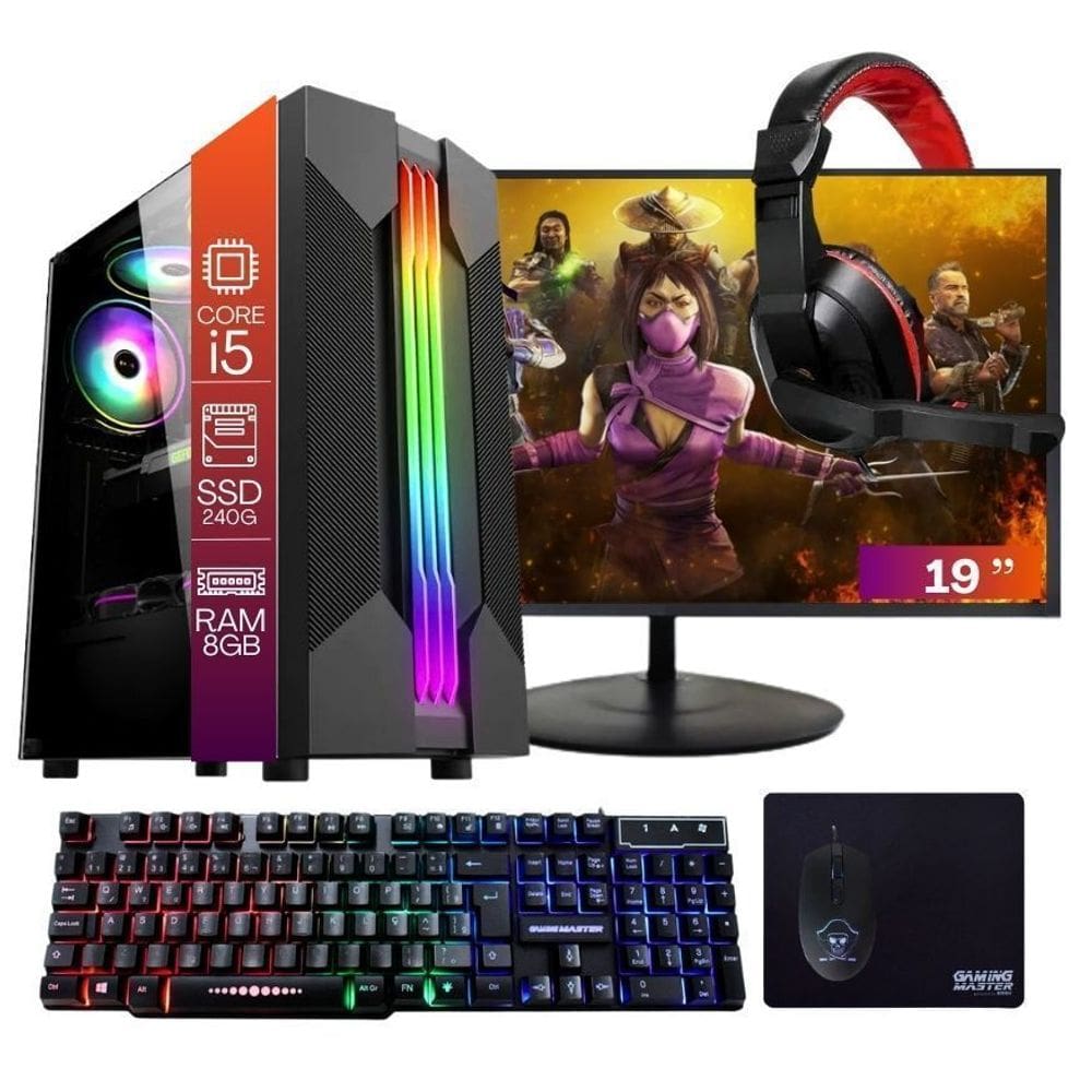 Computador PC Gamer Completo TOB Intel Core i5 SSD 240GB 8GB Windows 10 Pro Trial Teclado/Mouse Mouse Pad Headset Monitor 19