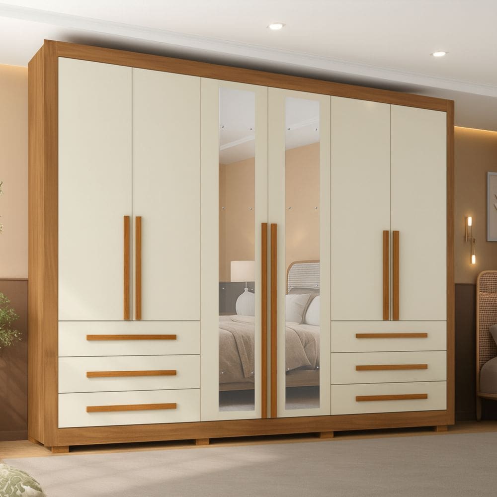 Guarda Roupa Casal com Espelho 6 Portas 6 Gavetas e Pes Veneto Maxel Moveis