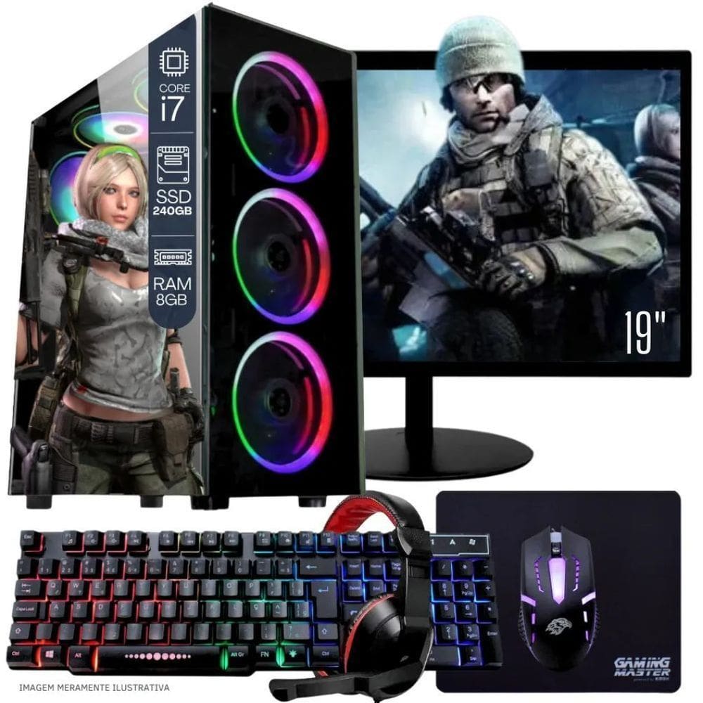Computador PC Gamer Completo TOB Intel Core i7 SSD 240GB 8GB Teclado Mouse Mouse Pad e Headset Gamer Monitor 19” Windows 10 Pro Trial