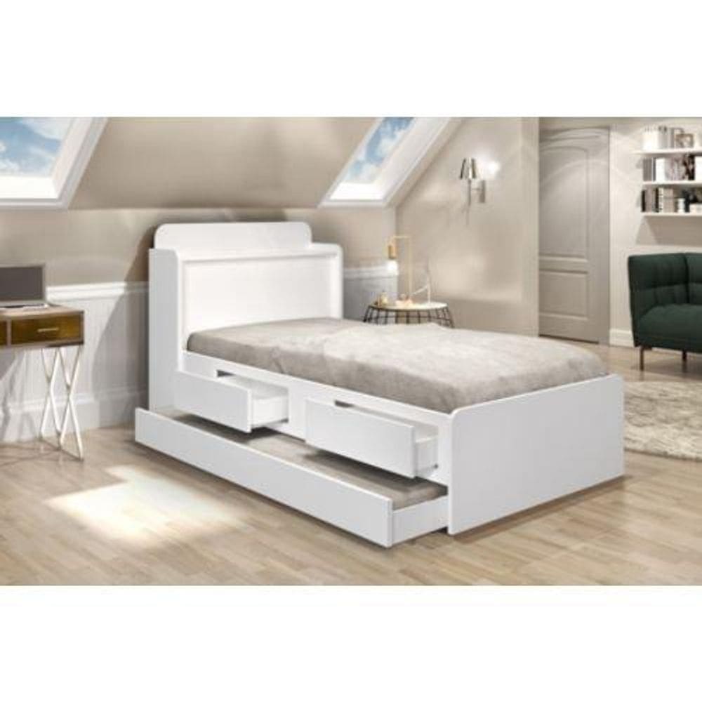 Cama Solteiro Tamires Baú branco e Com Auxiliar