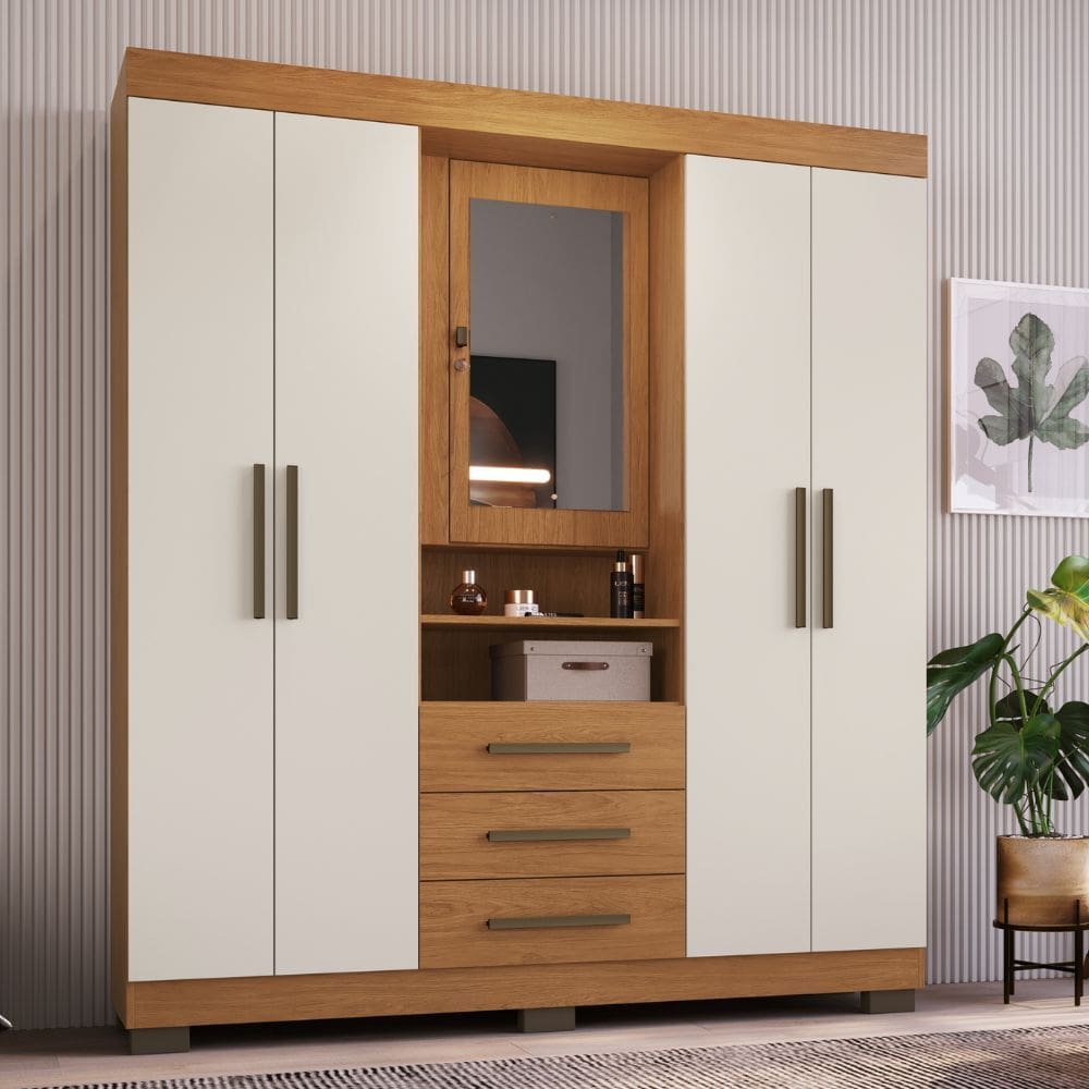 Guarda Roupa Casal com Espelho 5 Portas 3 Gavetas e Pes Europa Faimec