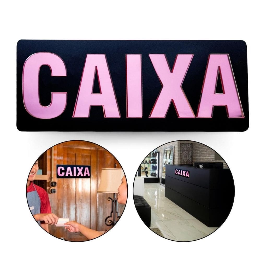 Placa Acrílica Espelhada Caixa Loja Comércio Preto E Rosa