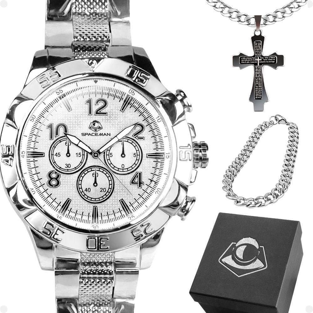 Relogio Masculino Prata Aço Inox + Cordão + Pulseira Grumet Religioso Caixa Social autêntico Catolico