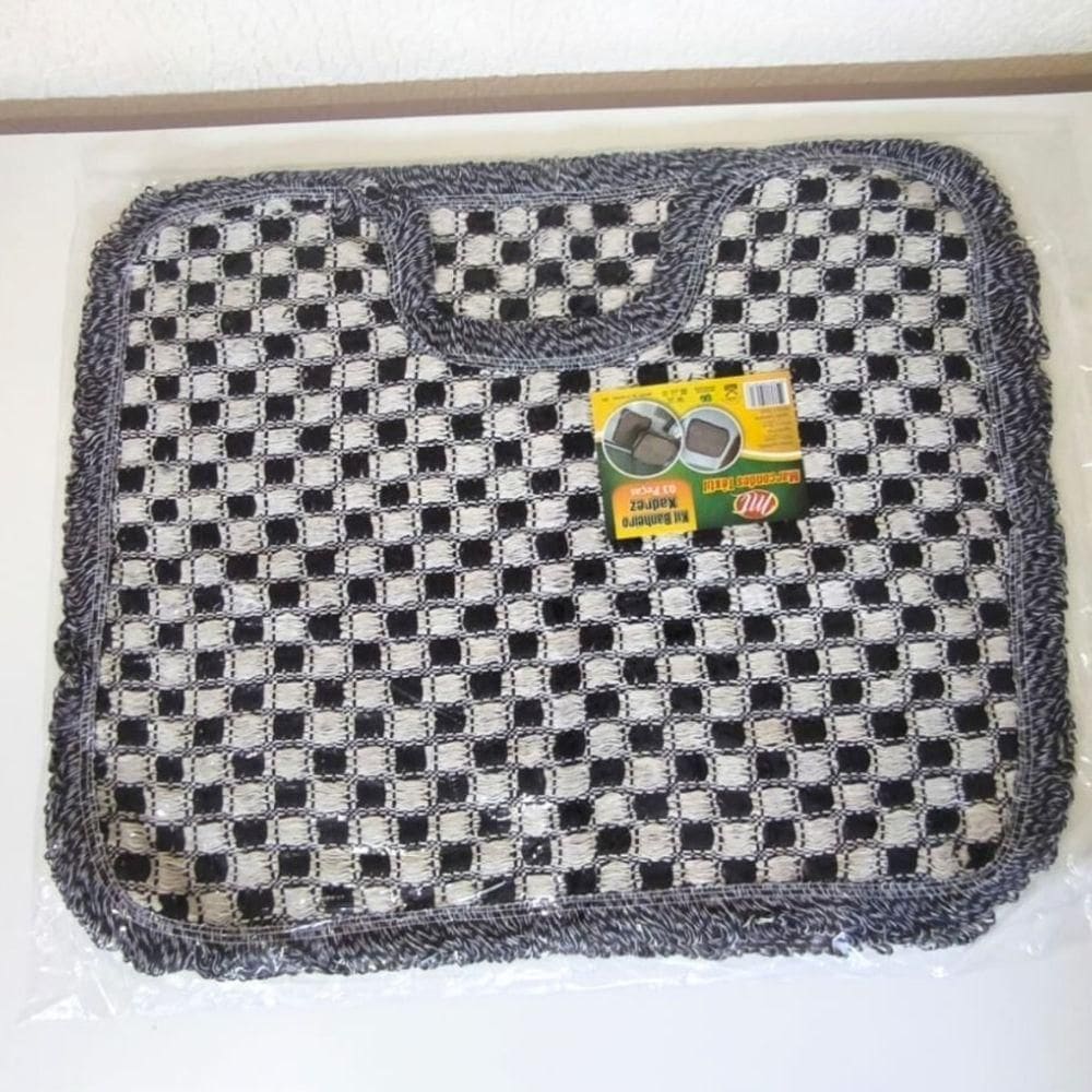 Kit 3 Peças Tapete Banheiro Xadrez Daminha Taolha De Piso Chão 50x40cm  Preto Liso