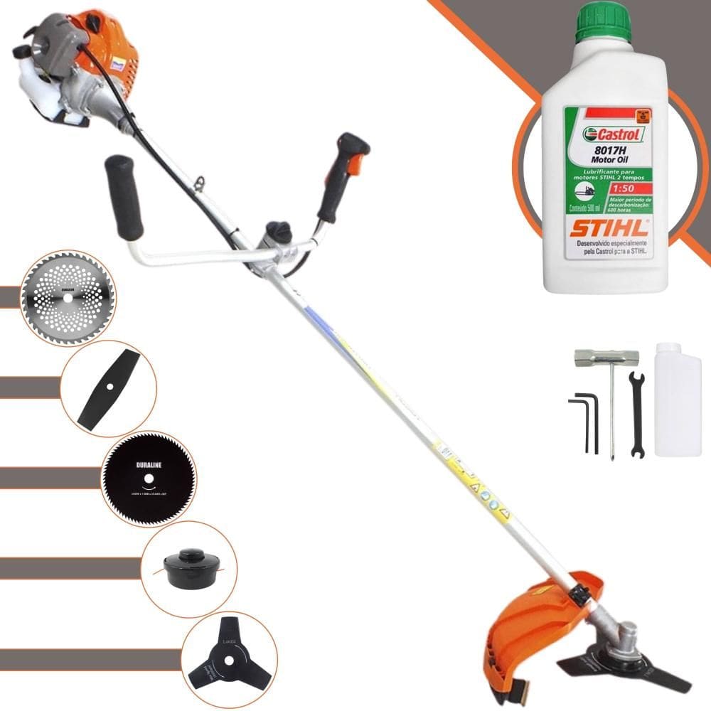 Roçadeira Completa Vulcan VR430P À Gasolina 43cc 1,7HP 10.000rpm Com Carretel Nylon + Lâminas Facão, 3 Pontas, 40 Dentes, 80 Dentes + ÓLEO STIHL 8017