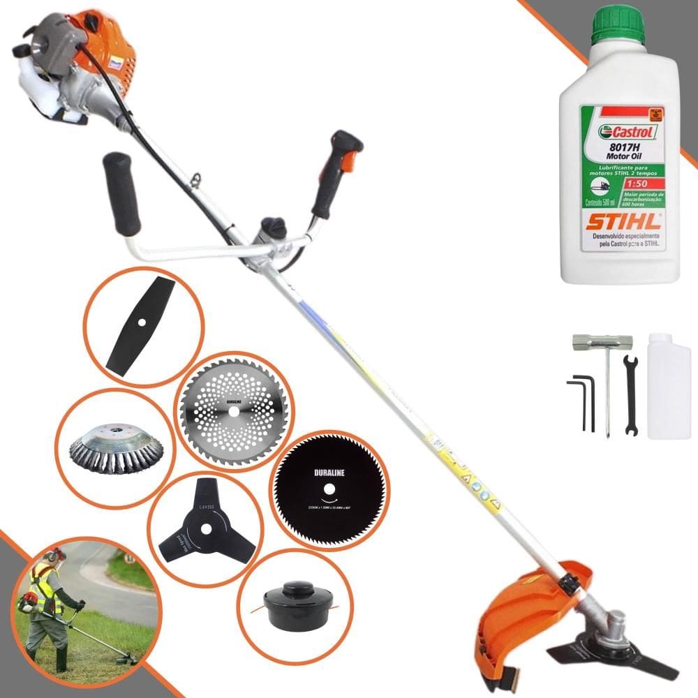 Roçadeira Vulcan VP430P À Gasolina 43cc 1,7HP 6 Em 1 Com Carretel + Faca 2 Pontas, 3 Pontas, 40 Dentes e 80 Dentes + Escova de Aço + ÓLEO STIHL 2T
