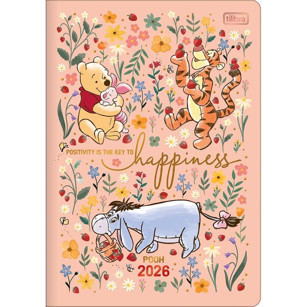 Tilibra - Planner Grampeado 17,8 x 25,4 cm Pooh 90 G 2026 - Fundo Rosé - Happiness