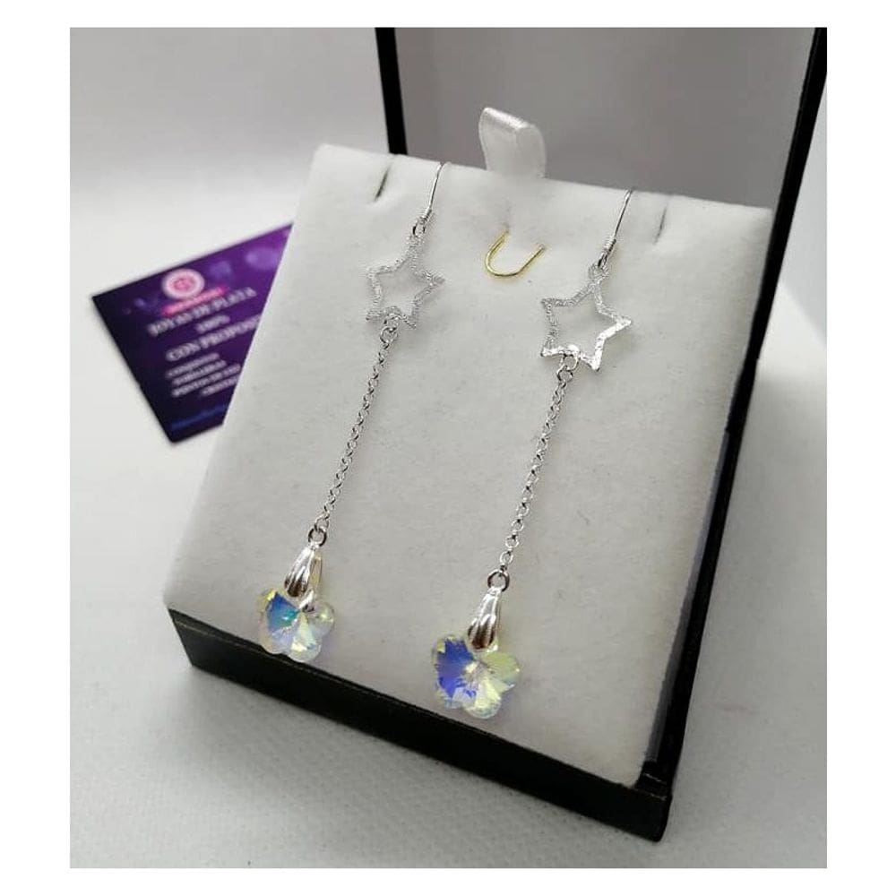 Brincos com pingente de flores com cristais em prata 925 com caixa