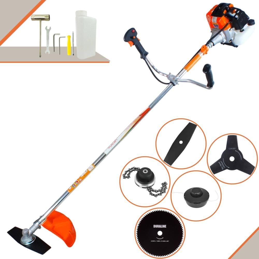Roçadeira Cortador de Grama  Vulcan VR430S À Gasolina 2 Tempos 1,7HP 43cc 10.000rpm + Kit Extra de Faca 3 Pontas, Faca 80 Dentes e Trimmer