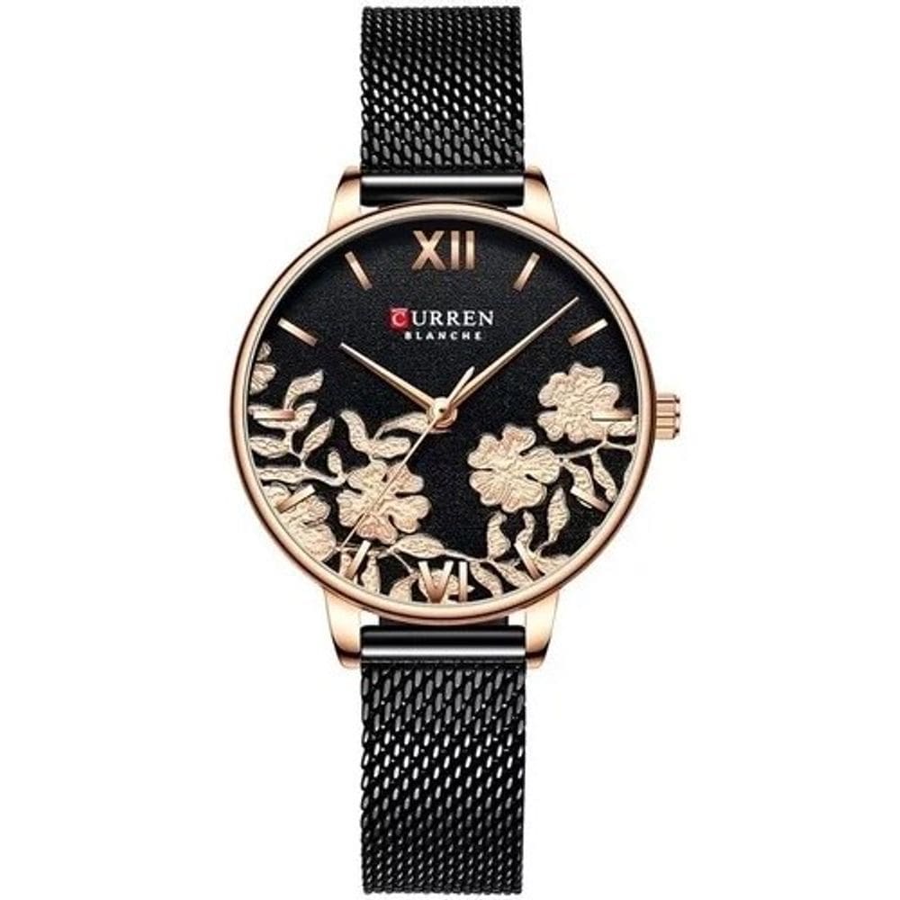 Relógio Curren Feminino 9065 Preto Aço Detalhes De Flores