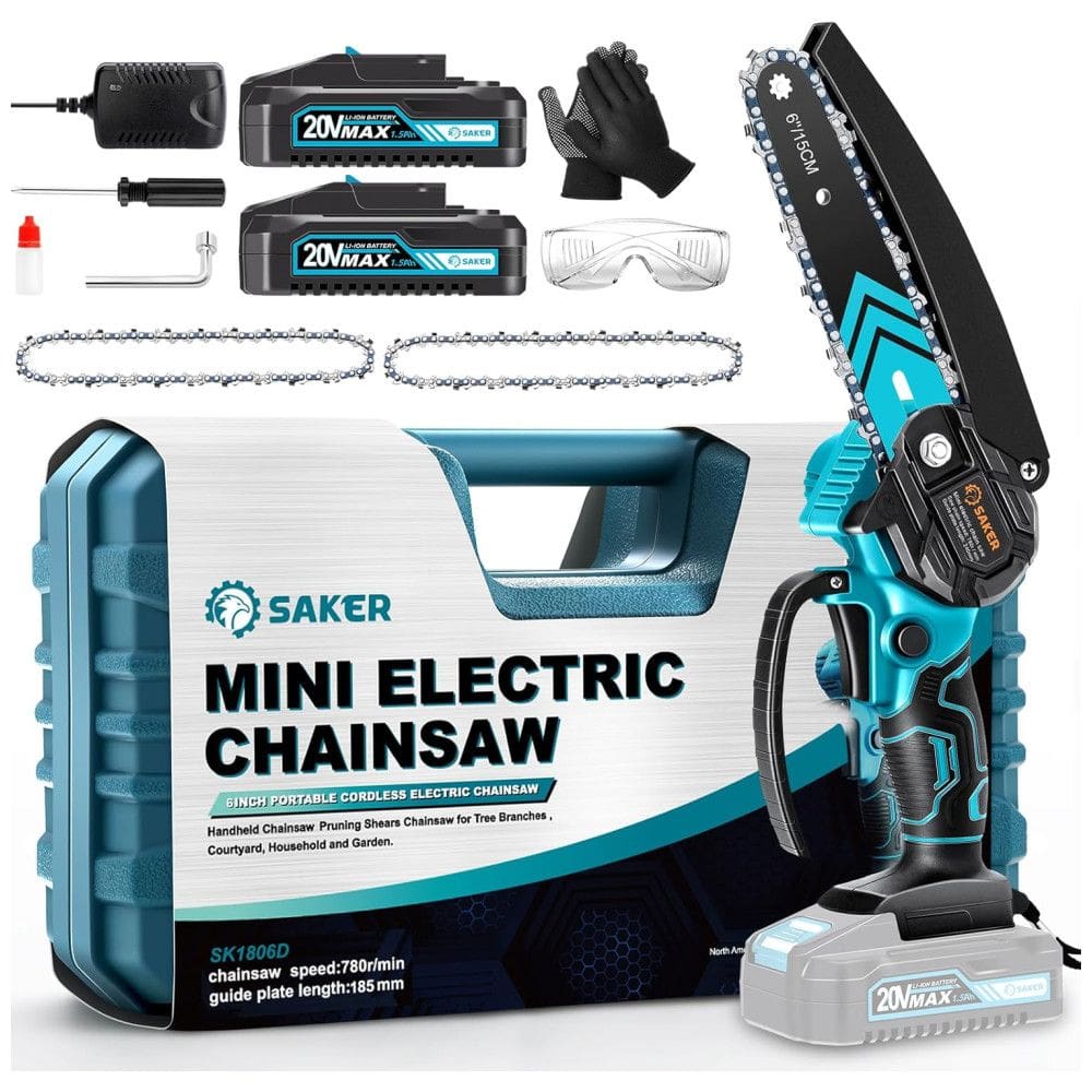 Motossera Elétrica sem Fio para Poda de Galhos com 2 Baterias 20V 1500 mAh e 3 Correntes Extras, Saker, Azul