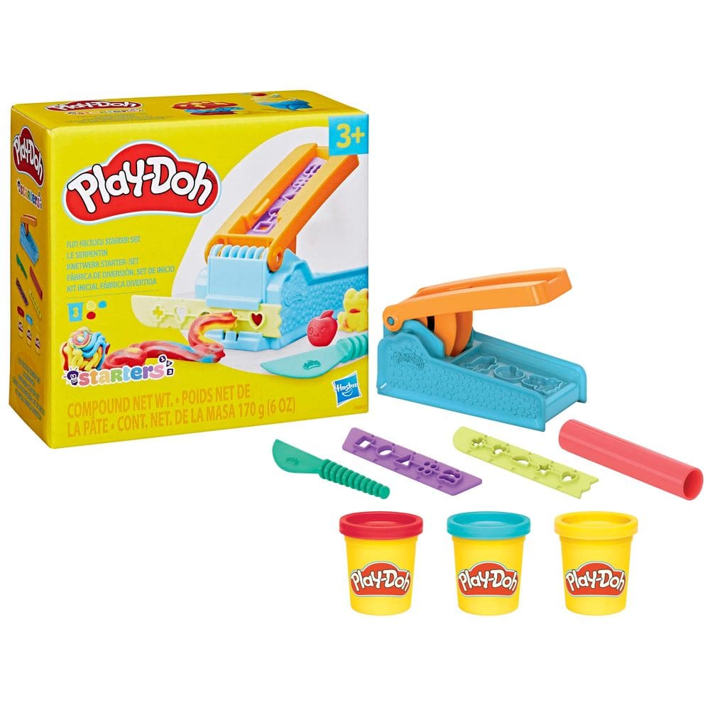 Conjunto inicial Play-Doh Fun Factory com 3 cores e ferramentas