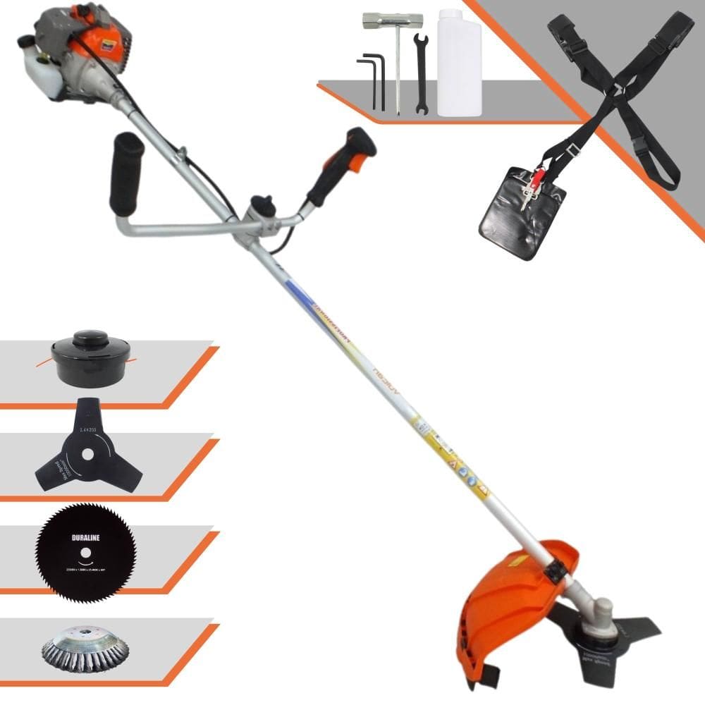 Roçadeira Completa Vulcan VR330P Motor 2T 33cc 10.000rpm 1,2HP de Potência Com Guidão Anti-Vibração Carretel e Faca 3 Pontas + Faca 80 Dentes + Escova