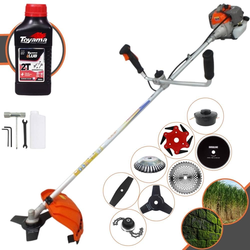 Roçadeira Multifuncional Vulcan VR330P À Gasolina 2T 33cc 1,2HP de Potência Alta Rotação Com Carretel de Nylon + Kit 7 Lâminas Extras + ÓLEO TOYAMA