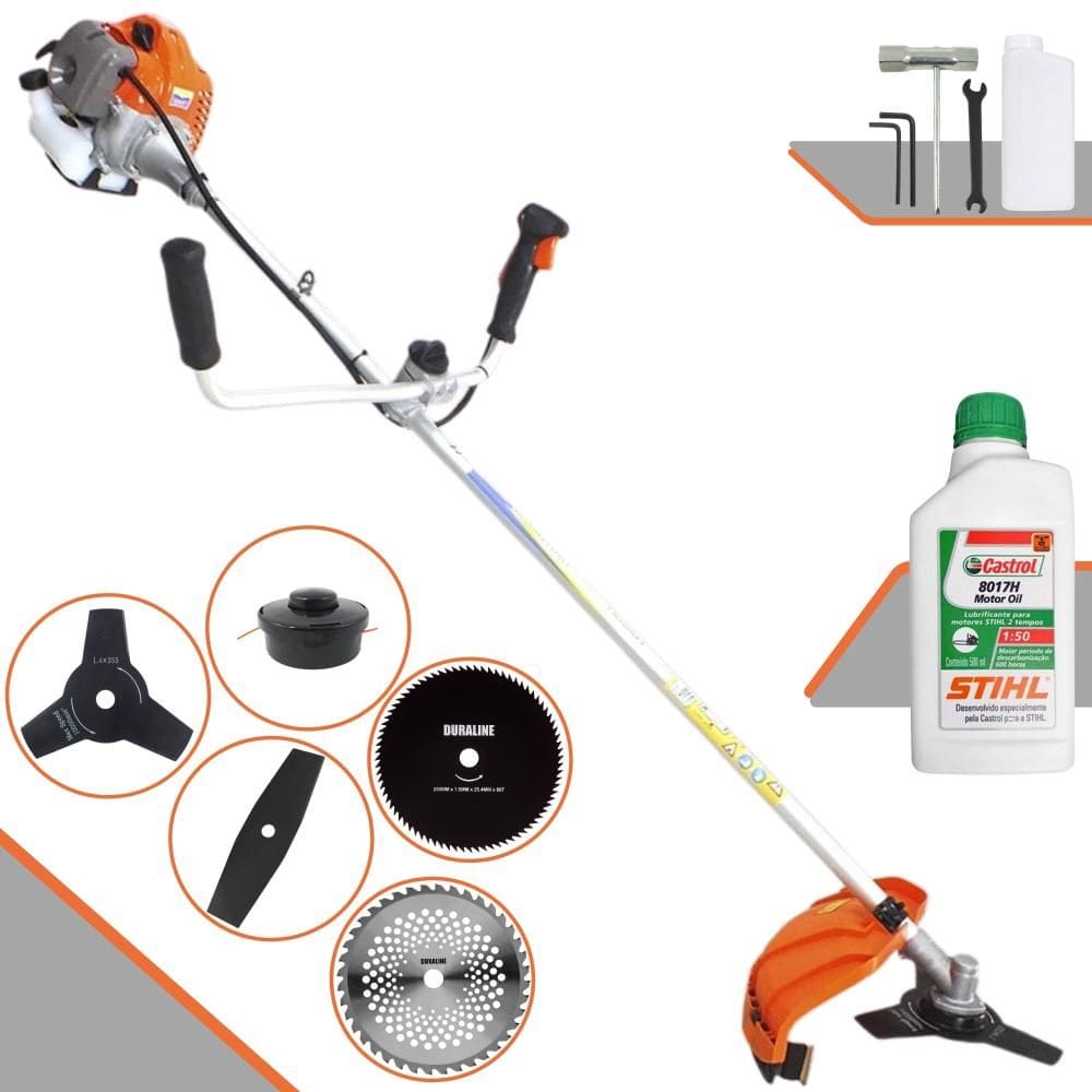 Roçadeira Robusta Vulcan VR430P À Gasolina 1,7HP 43cc Com Carretel, Faca 2 Pontas, Faca 3 Pontas, Faca 40 Dentes Vídea, Faca 80 Dentes + ÓLEO STIHL 2T