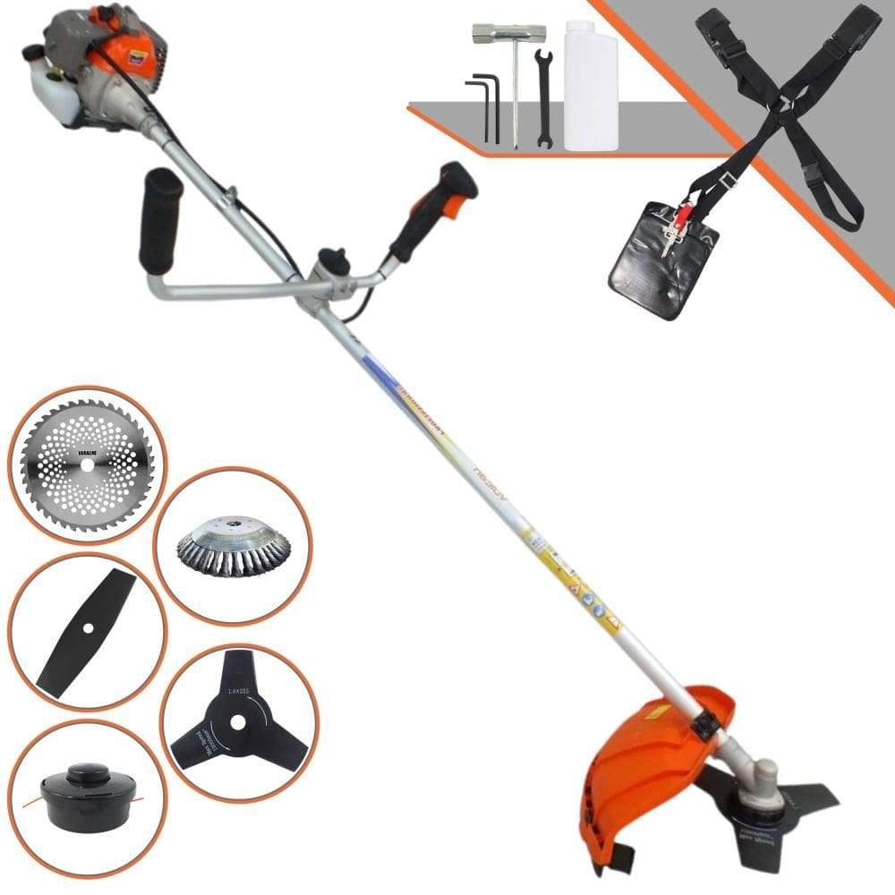 Roçadeira Vulcan VR330P À Gasolina 2T 33cc 1,2HP Completa 5 Opções de Corte Com Guidão Anti-Vibração Lâmina 2 Pontas, Lâmina 40 Dentes e Escova de Aço