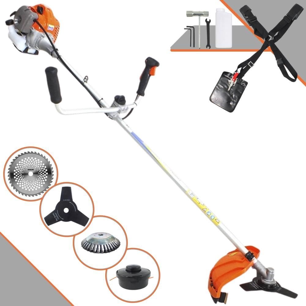 Máquina de Cortar Grama Vulcan VR430P 43cc 1,7HP 10.000rpm Roçadeira Com Guidão Anti-Vibração Carretel + Faca 3 Pontas + Faca 40 Dentes Vídea + Escova