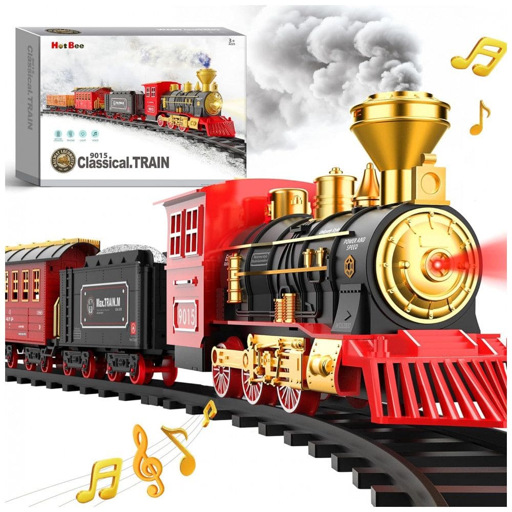 Conjunto de Trenzinho de Brinquedo com Vapor, Carros de Carga e Trilhos para Crianças de 3 a 8 anos, Hot Bee, Vermelho e Preto