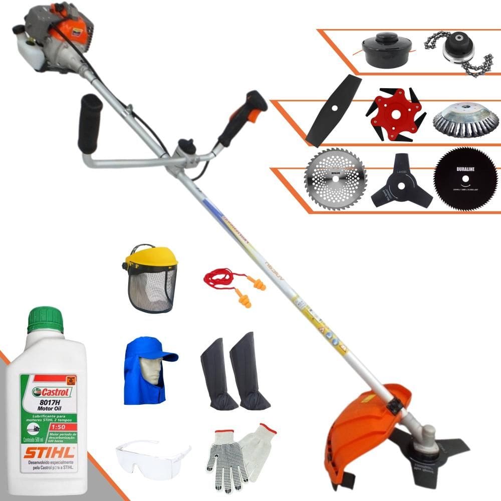 Roçadeira Vulcan VP330P 33cc Com Carretel Nylon + Facas 2 Pontas, 3 Pontas, 6 Pontas, 40 Dentes, 80 Dentes, Trimmer e Escova de Aço + EPI + ÓLEO STIHL