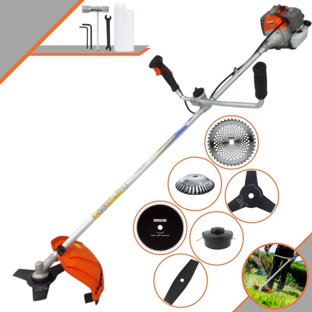 Roçadeira Vulcan VR330P 2T 33cc 1,2HP Com Carretel e Lâmina 3 Pontas + Lâmina 2 Pontas + Lâmina 40 Dentes de Vídea + Lâmina 80 Dentes + Escova de Aço
