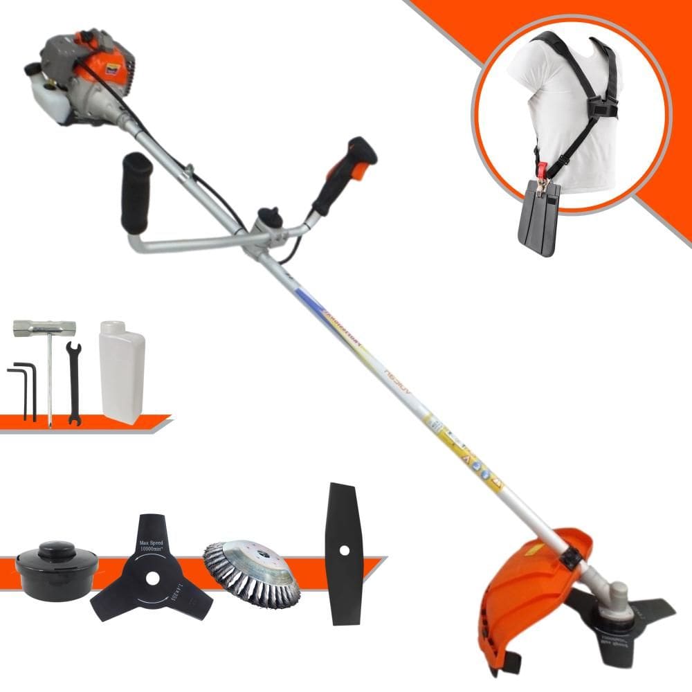 Podador de Grama Completo Vulcan VR330P À Gasolina 2T 33cc 1,2HP 4 Opções de Corte Com Faca 2 Pontas, Faca 3 Pontas, Escova de Aço e Carretel de Nylon