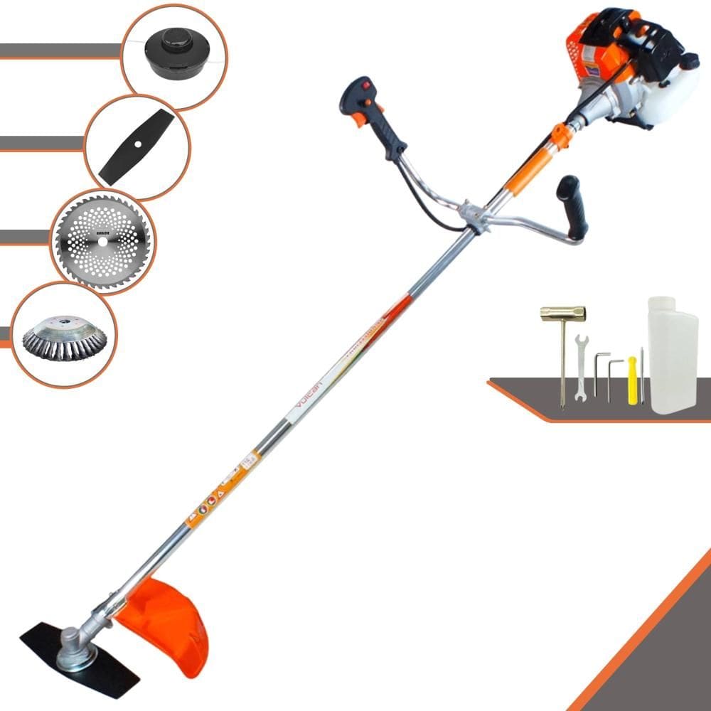 Roçadeira Vulcan VR430-S À Gasolina 43cc 1,7HP Completa 4 Em 1 Com Carretel de Nylon + Lâmina 2 Pontas + Lâmina 40 Dentes + Escova de Aço 38 Cerdas
