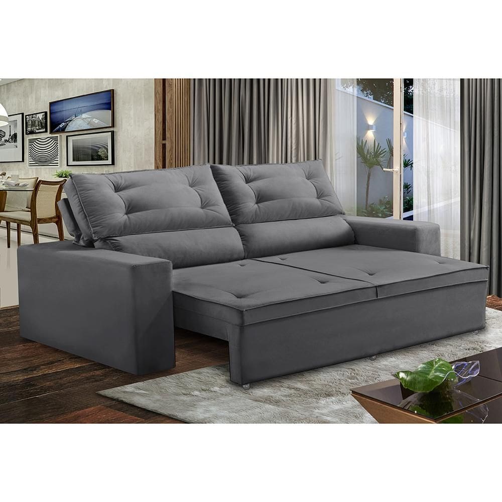 Sofá Retrátil e Reclinável 3 lugares com Molas 2,00m Laisa Suede Cinza Madelina Decor