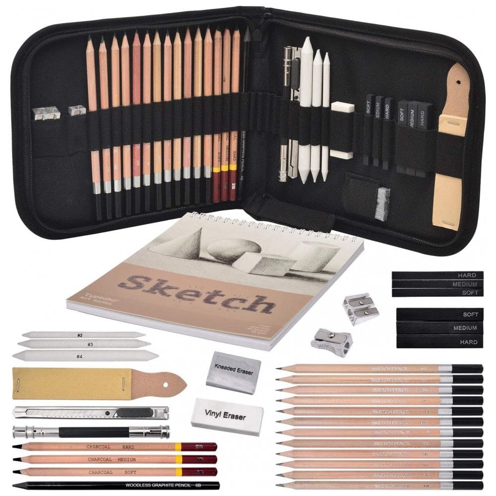 Kit Lápis de Cor Sketching com Estojo 33 peças Tintas Acrílicas, Aquarela, TYPECHO 44main, Preto