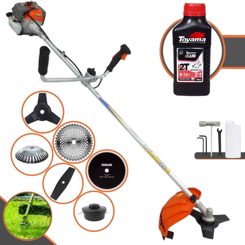 Roçadeira À Gasolina Vulcan VR330P 33cc Com Carretel, Faca 2 Pontas, Faca 3 Pontas, Faca 40 Dentes Vídea, Faca 80 Dentes + Escova de Aço + ÓLEO TOYAMA