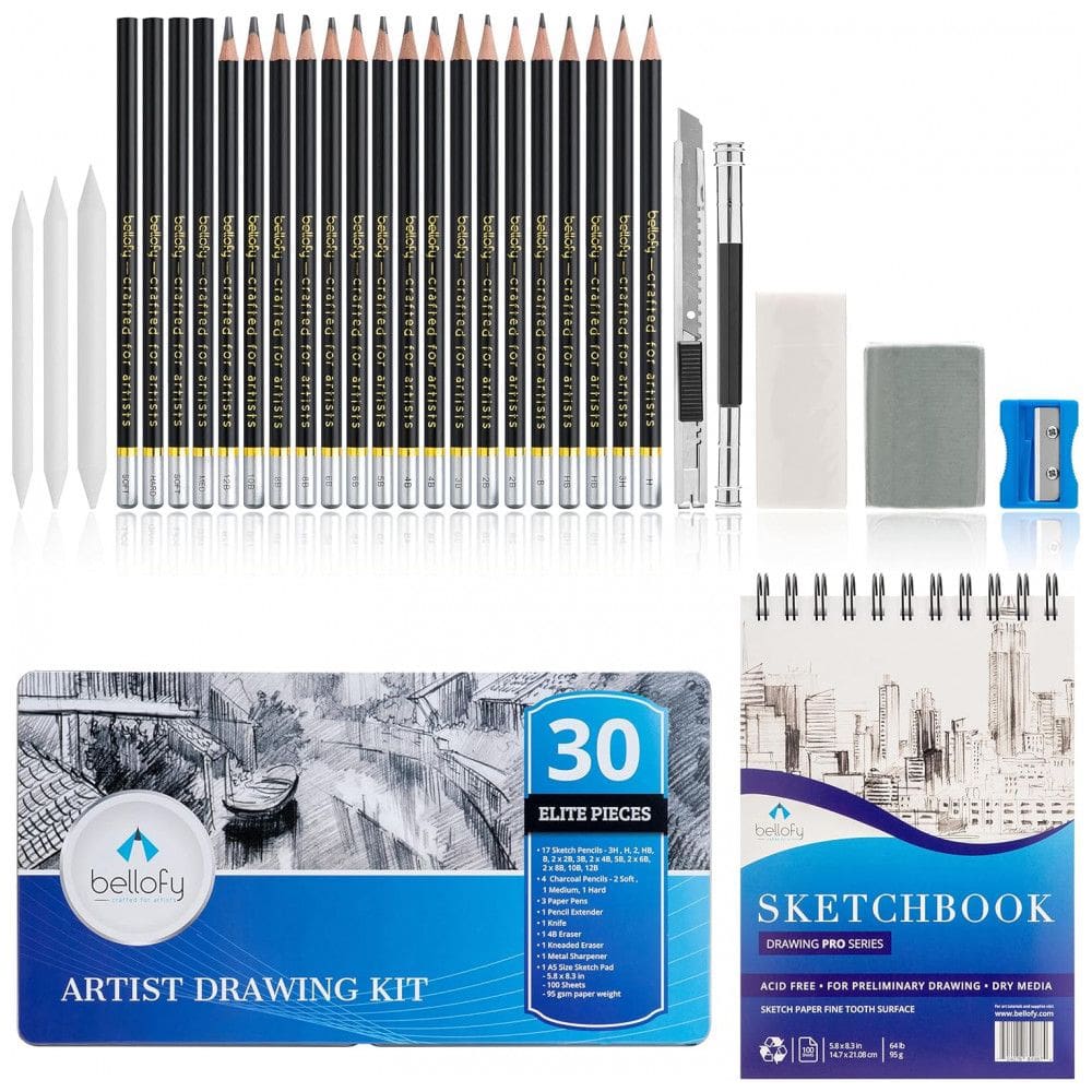 Kit Lápis de Cor  com Estojo 30 peças Tintas Acrílicas, Aquarela, BELLOFY P02C, Preto