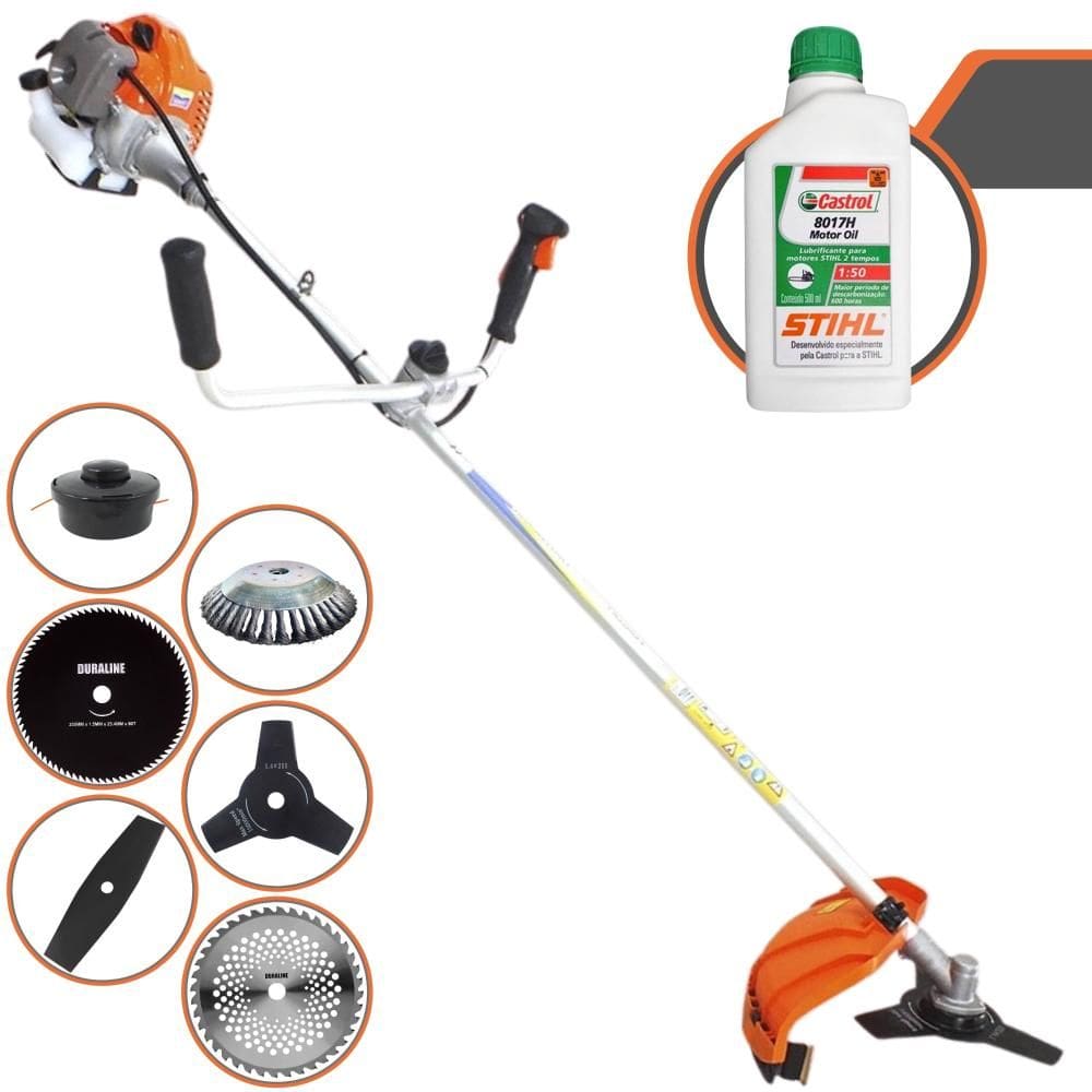 Roçadeira Lateral Vulcan VP430-P 43cc Com Lâmina Facão, Lâmina 3 Pontas, Lâmina 40 Dentes de Vídea, Lâmina 80 Dentes + Escova de Aço + ÓLEO STIHL 2T