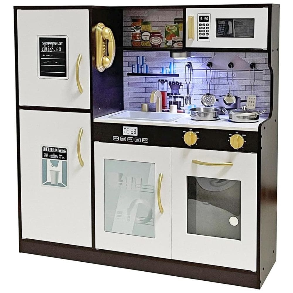 Cozinha Infantil em Madeira com Luz, Forno, Micro-Ondas, Pia e Utensílios para Crianças Acima de 3 Anos, Marrom e Branca