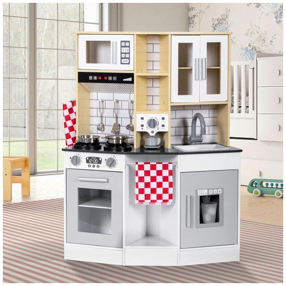 Cozinha Infantil em Madeira com Pia, Torneira, Forno, Micro-ondas e Acessórios para Crianças Acima de 3 Anos, Brinjoy