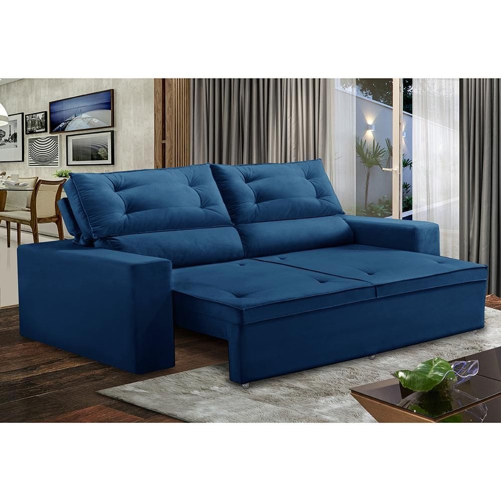 Sofá Retrátil e Reclinável 3 lugares com Molas 2,00m Laisa Suede Azul Madelina Decor