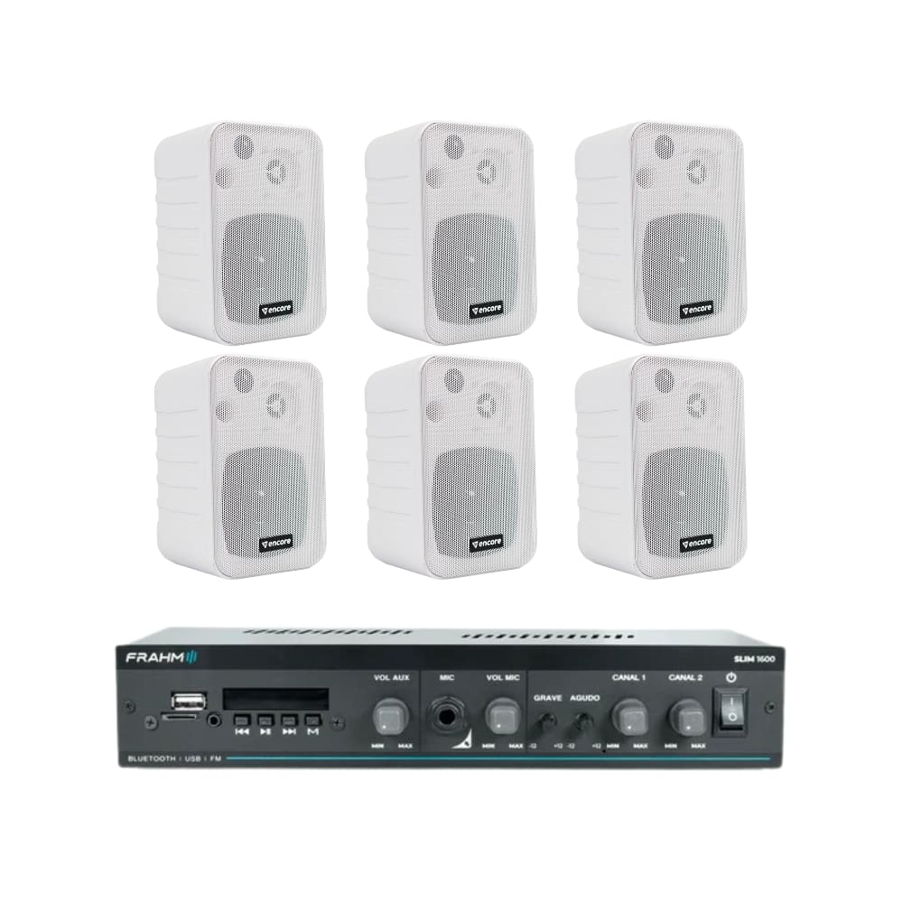 Kit Amplificador Frahm Slim 1600 G5 + 6 Caixas Acústicas ENC70 Encore