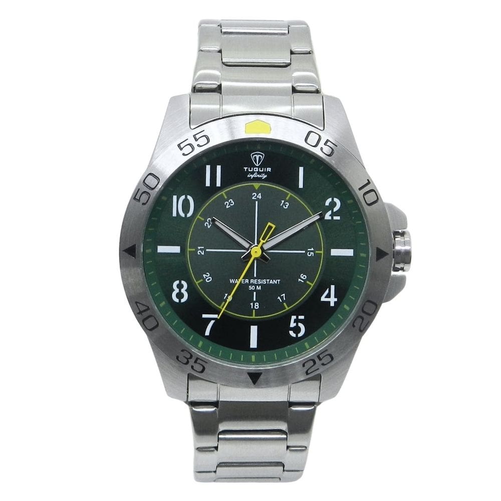Relógio Masculino de Aço Tuguir Analógico Infinity 9167F Prata e Verde e Amarelo