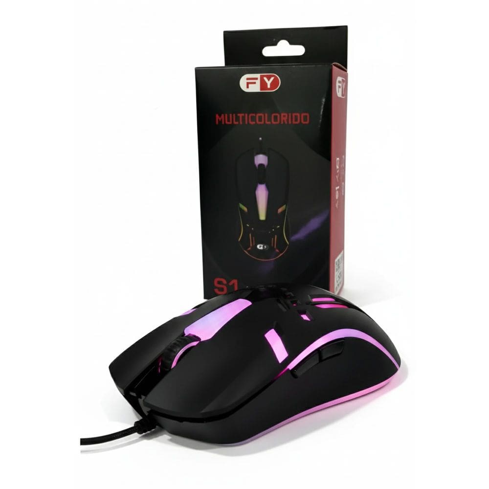 Mouse Gamer com Fio USB S1 FY, Iluminação RGB e Design Ergonômico, Preto